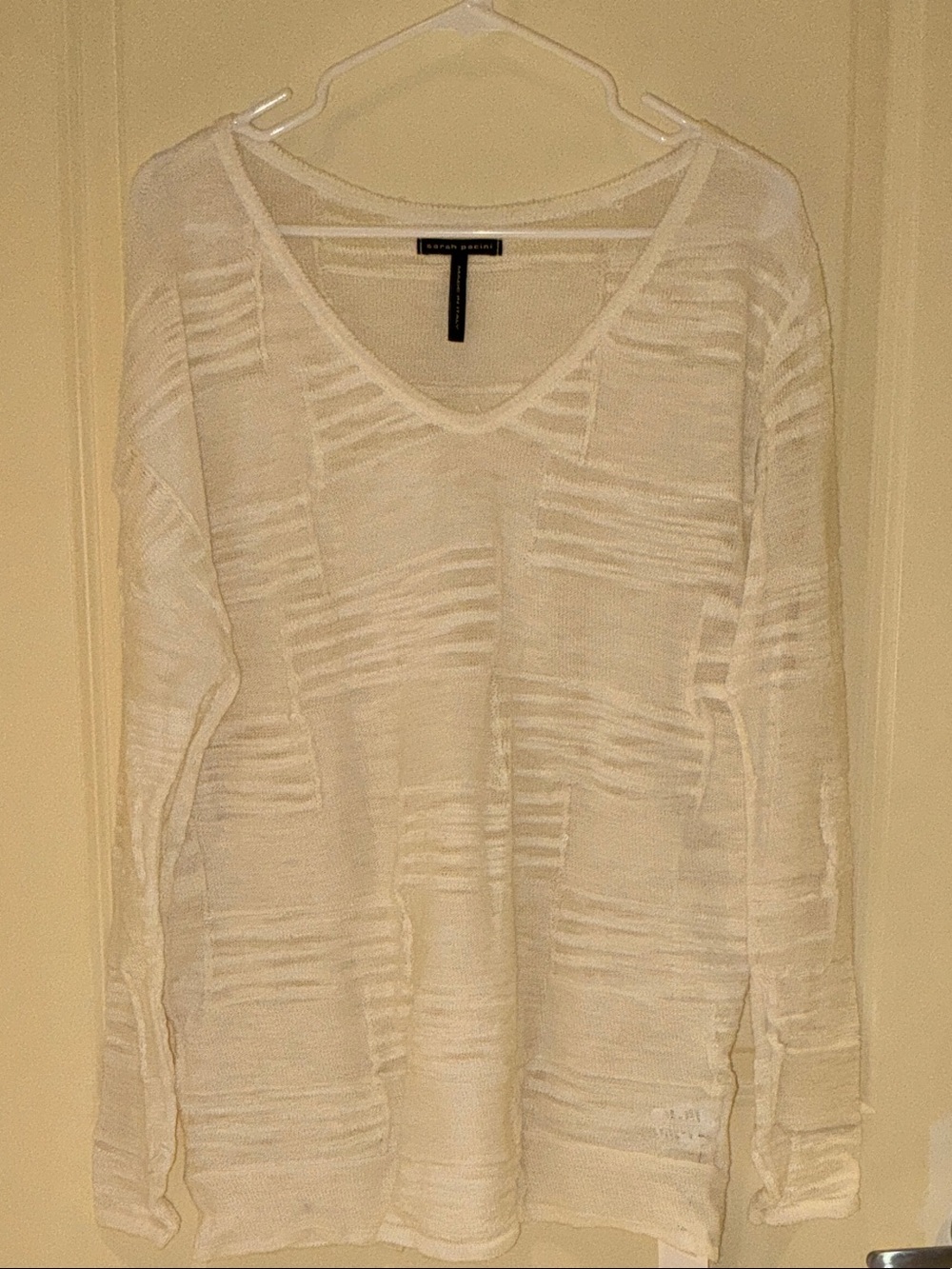 Sarah Pacini Cream V-Neck Textured Lightweight Sweater